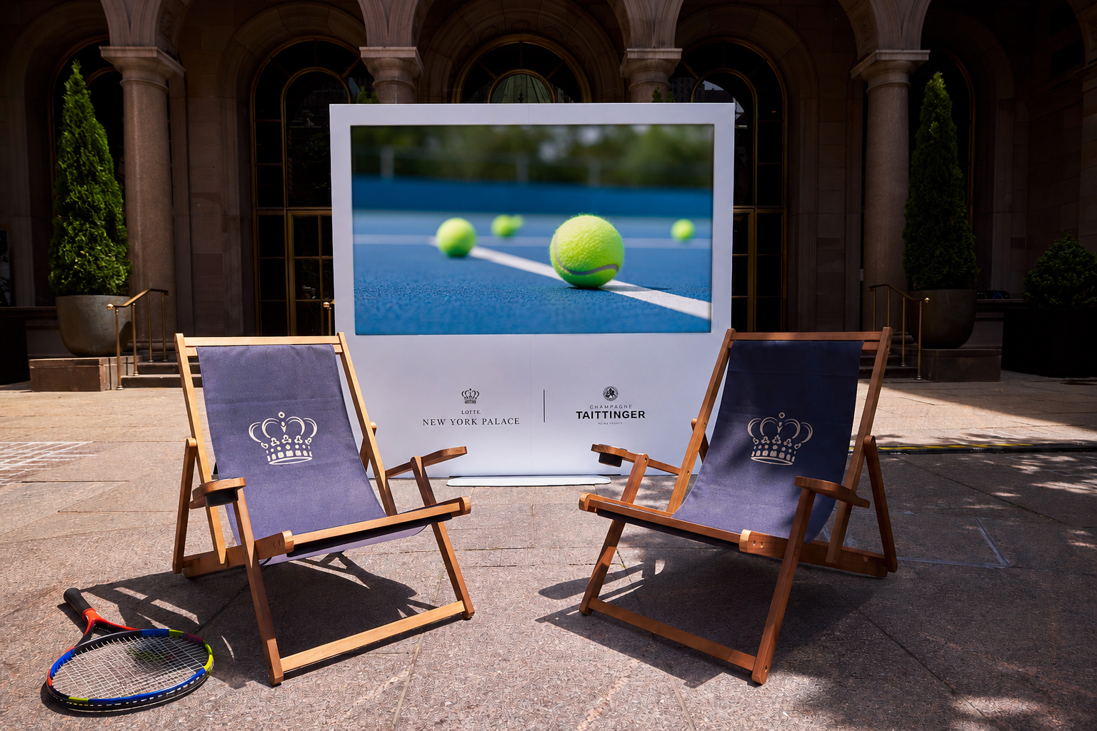 a lawn chairs in front of a screen