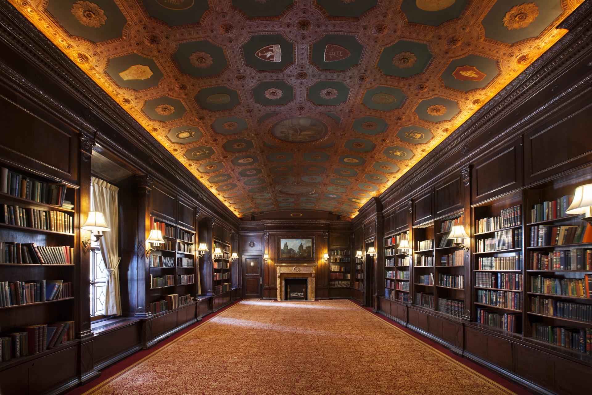 a room with bookshelves and a fireplace