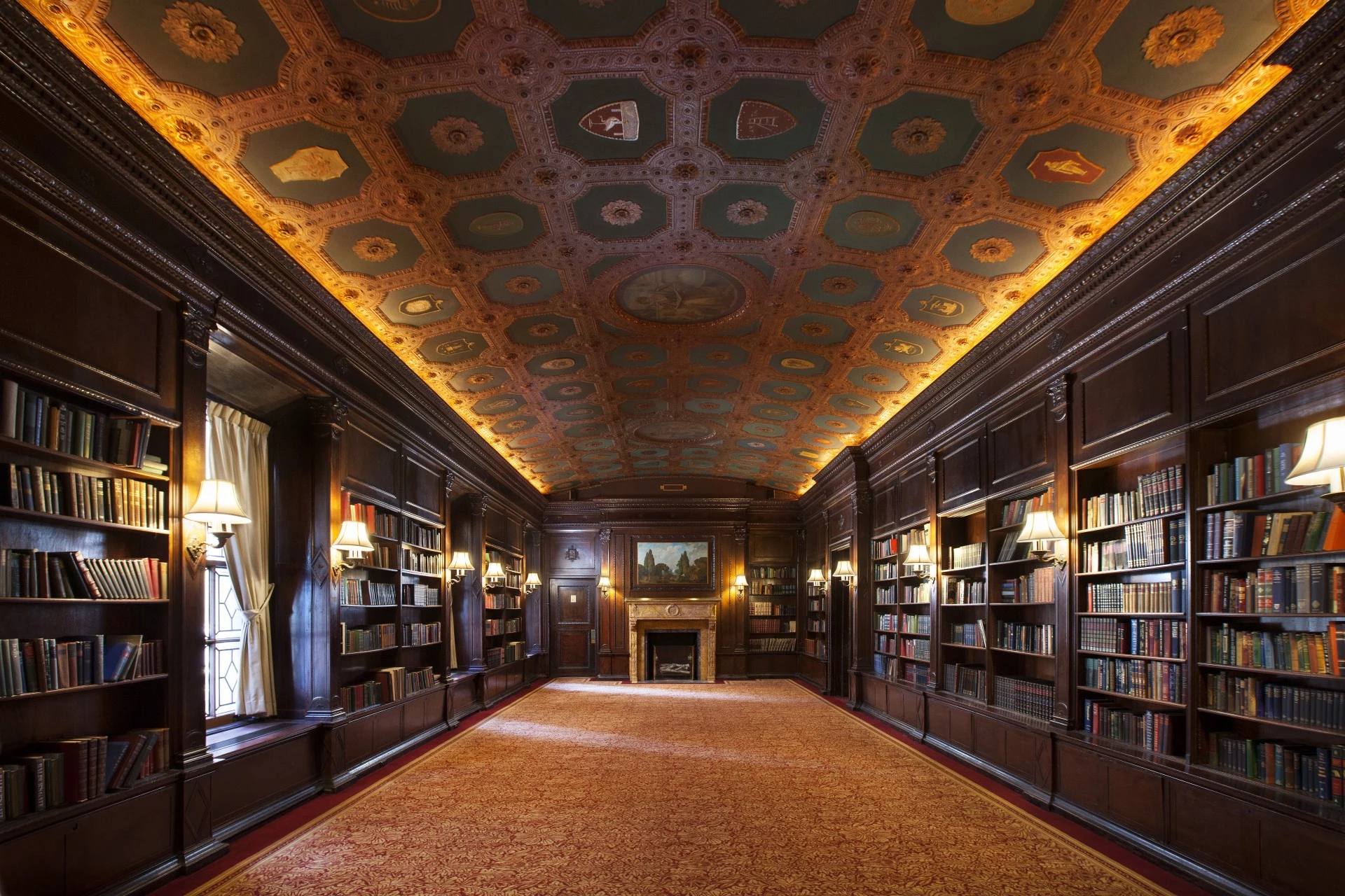 a room with bookshelves and a fireplace