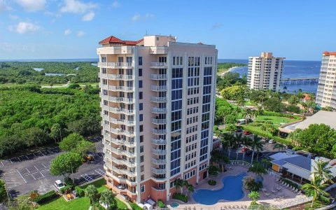Aerial view of hotel with pool