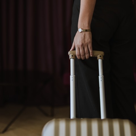 a person holding a luggage