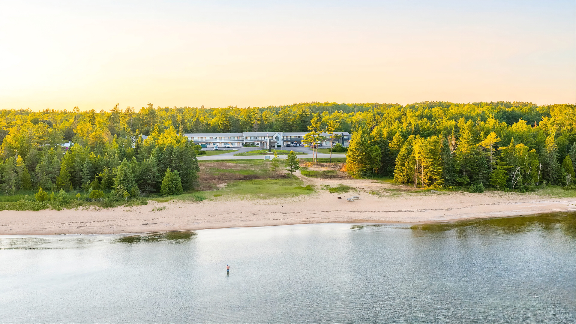 a beach with a building and trees