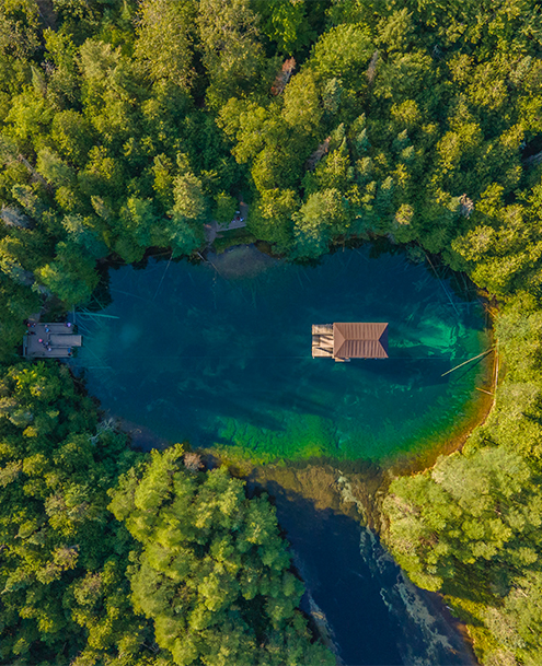 a house on a lake surrounded by trees