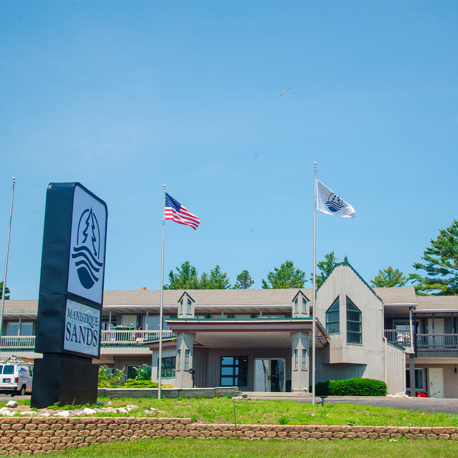 flags in front of a building