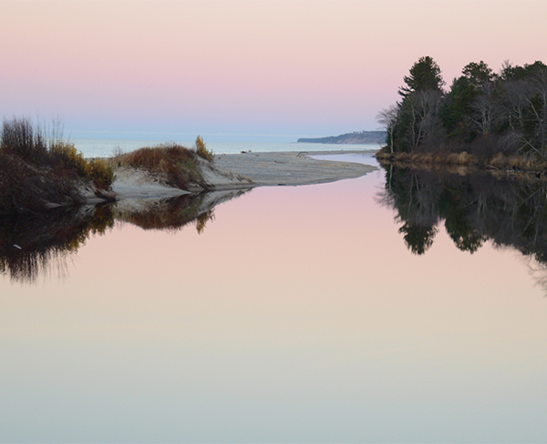 a body of water with trees and land in the distance