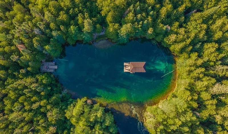 a house on a lake surrounded by trees