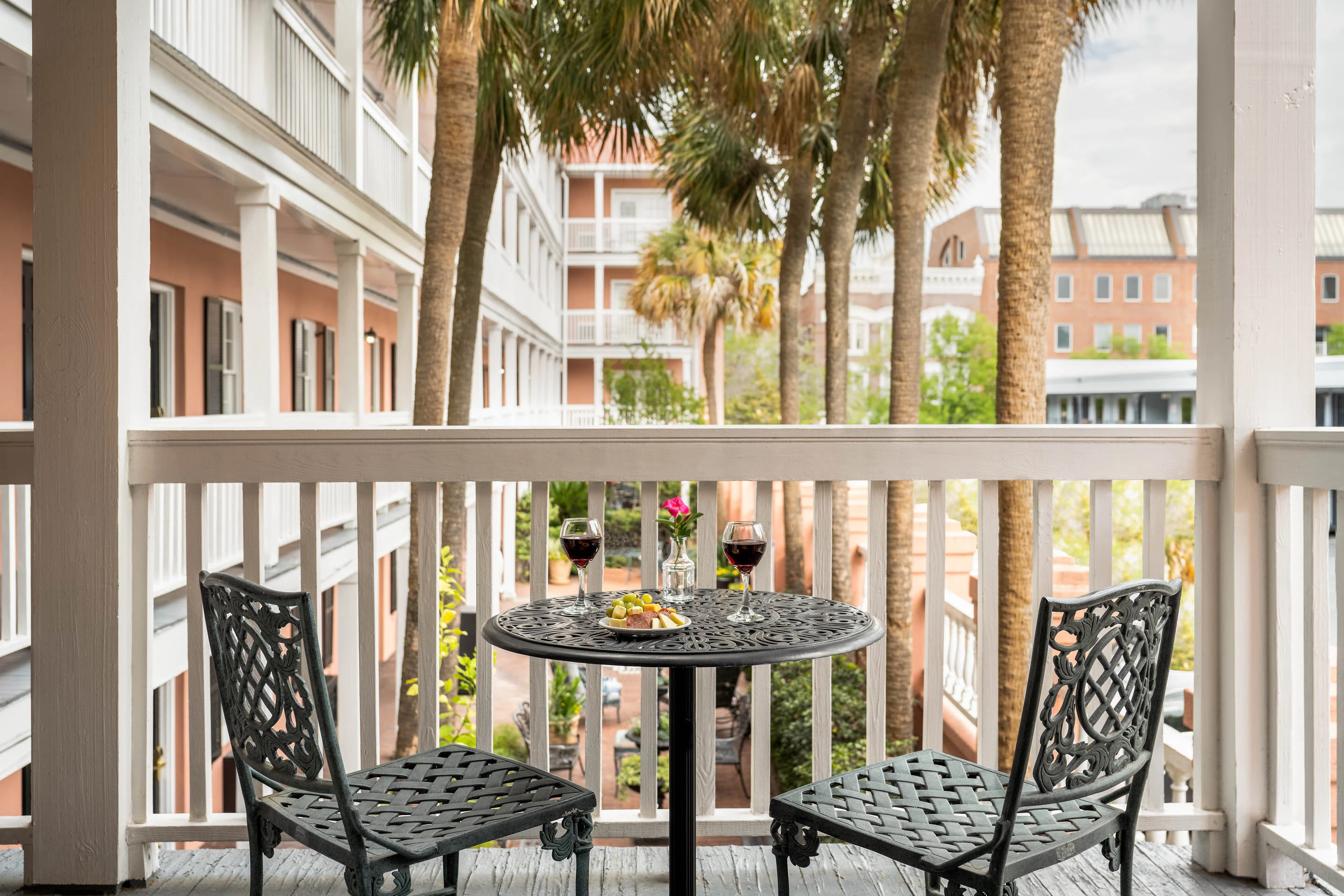 a table and chairs on a deck