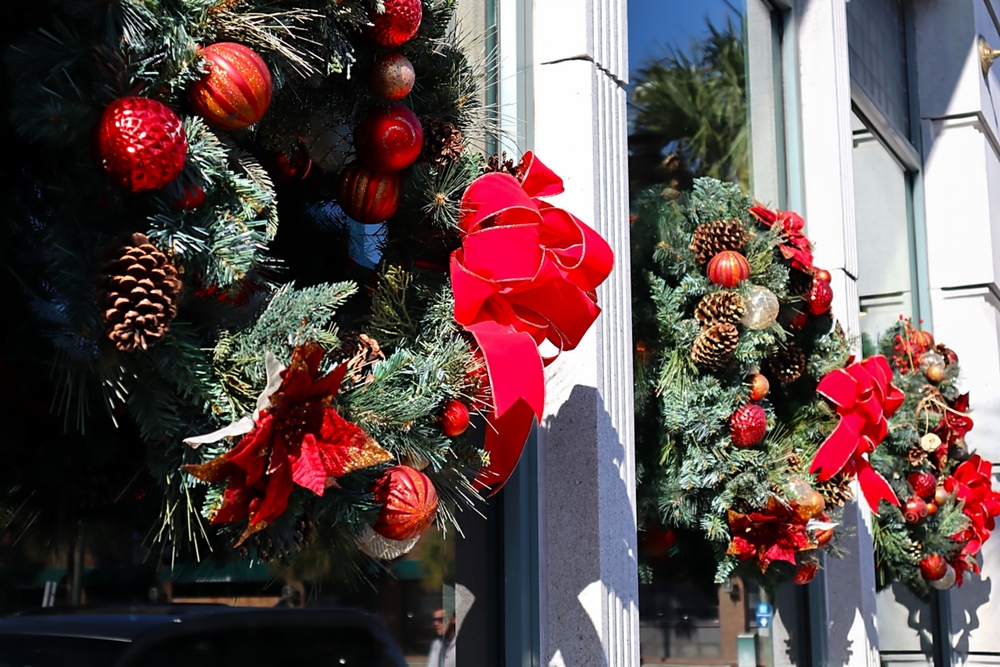 a wreaths on a building