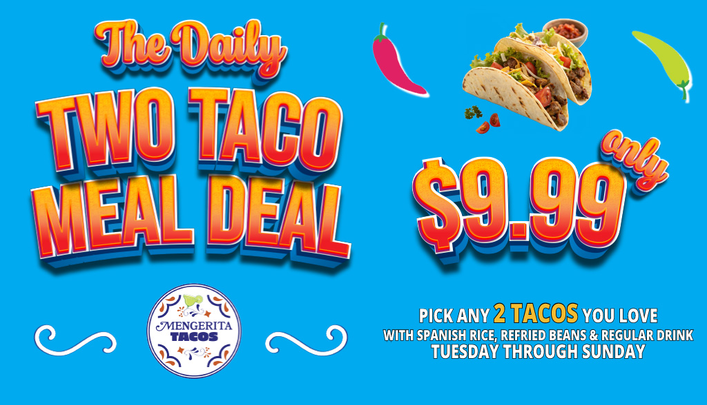 a blue advertisement with tacos and a price