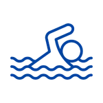 a blue line drawing of a person swimming in water
