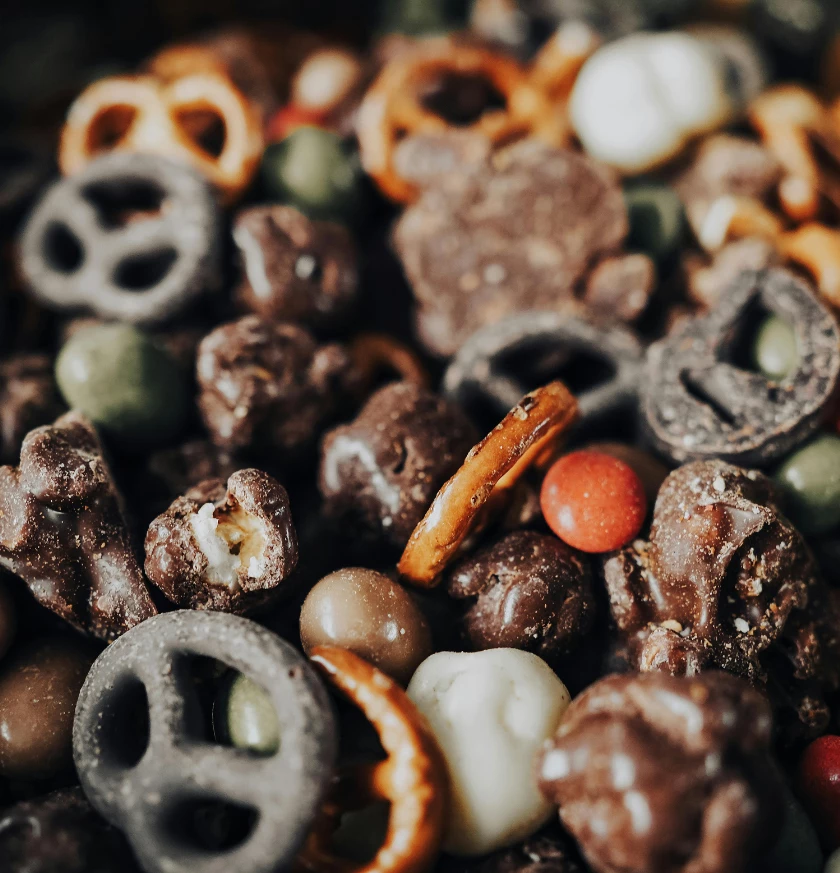 a pile of pretzels and peanuts