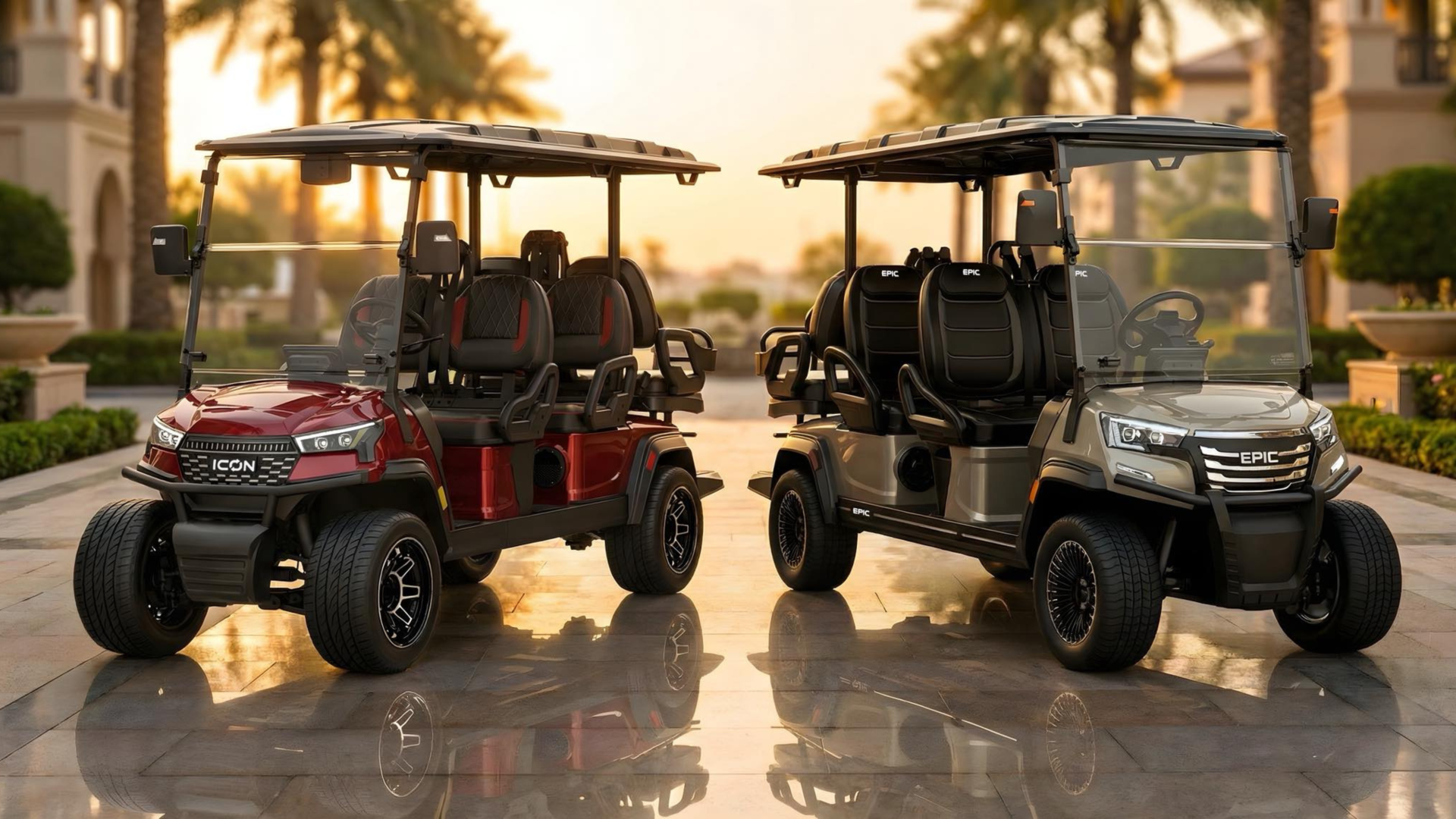 a group of golf carts parked on a wet pavement
