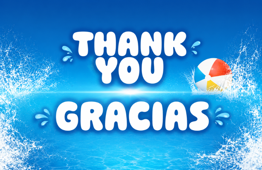 a blue water with white text and a ball