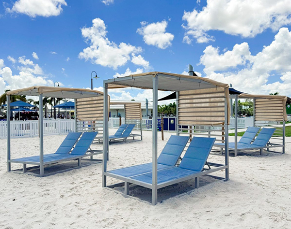 a group of chairs on a beach