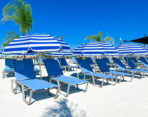 a group of blue chairs and umbrellas on a beach
