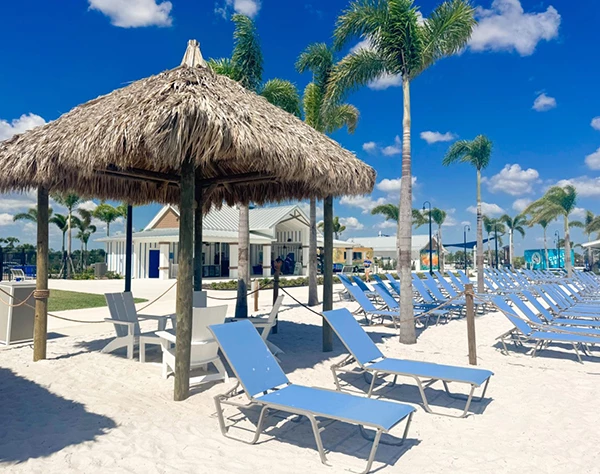 a beach with chairs and umbrellas