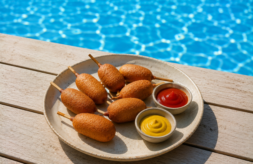 a plate of corn dogs with sauces