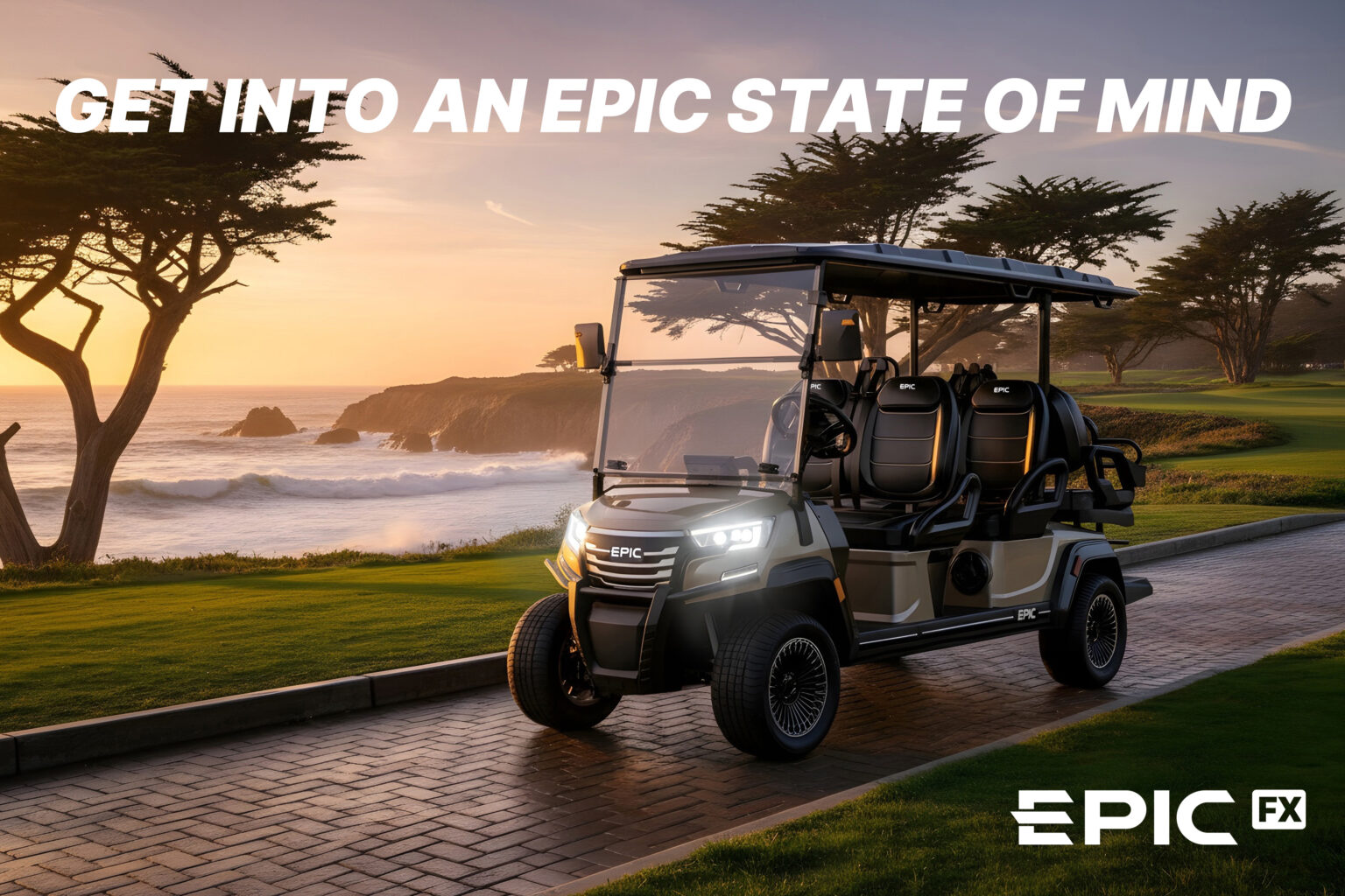 a golf cart parked on a brick path near a body of water