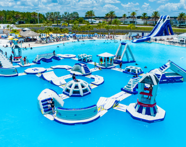a water park with a water slide and a slide