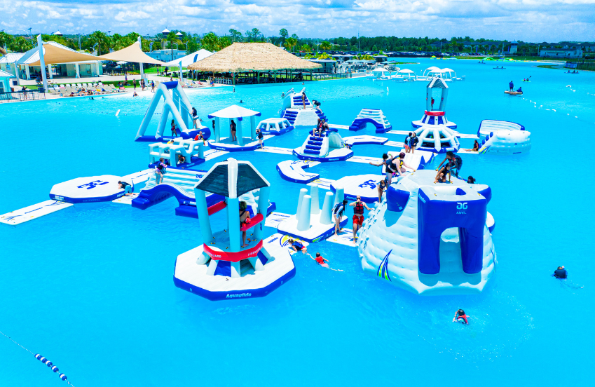 a group of people in a water park