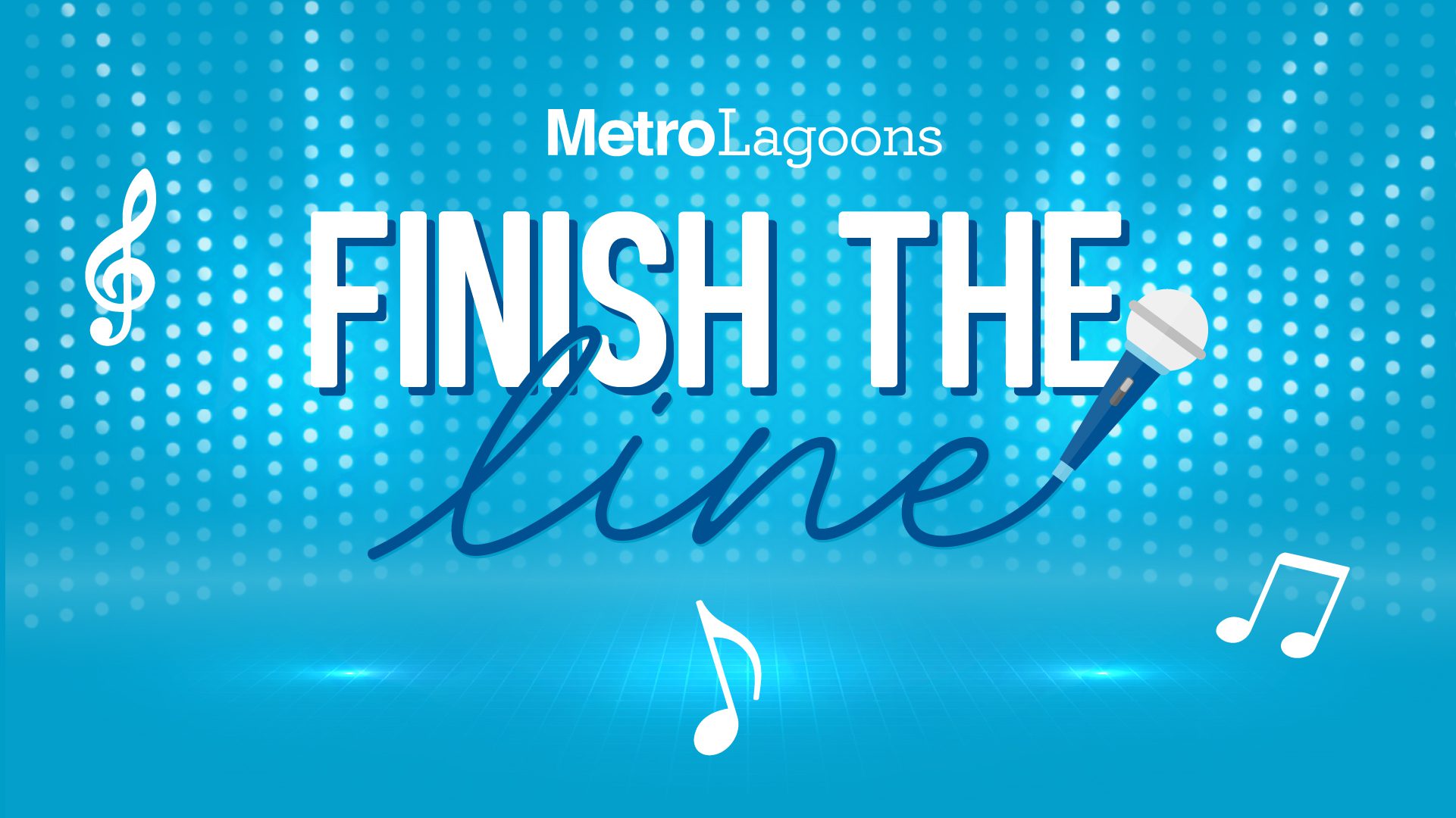 a blue background with a microphone and notes