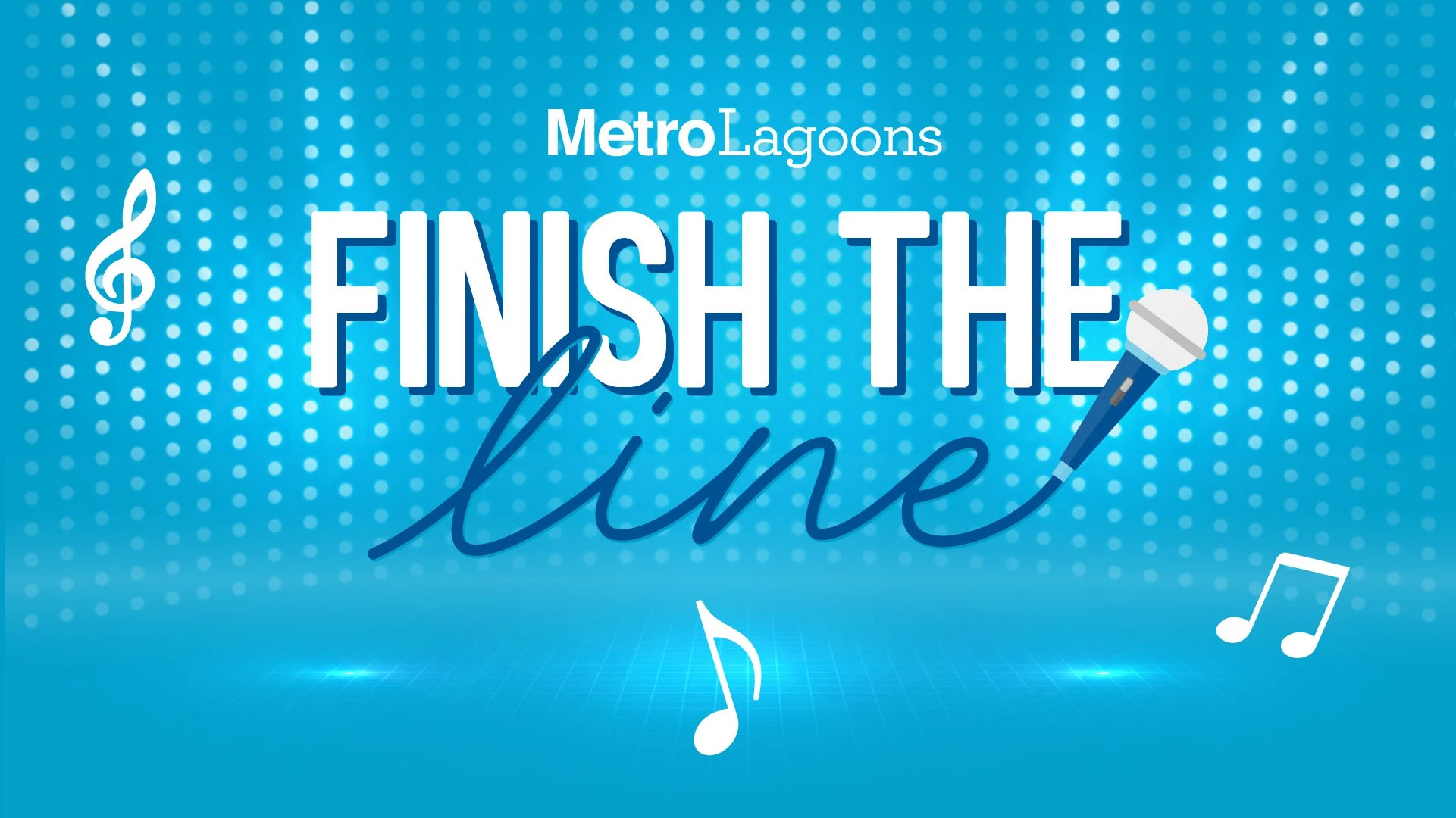 a blue background with a microphone and notes