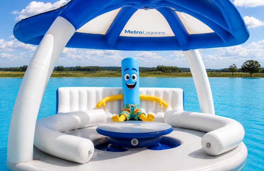 a blue and white inflatable object with arms and legs