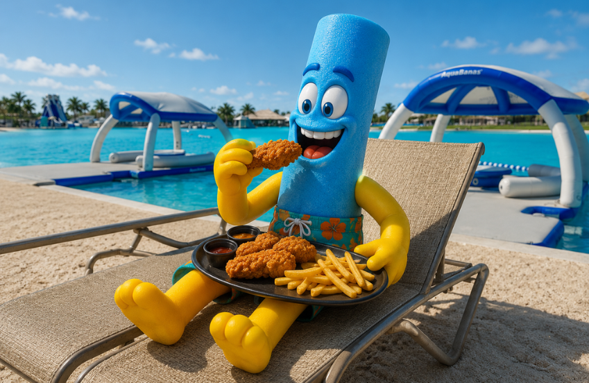 a cartoon character eating chicken on a lounge chair
