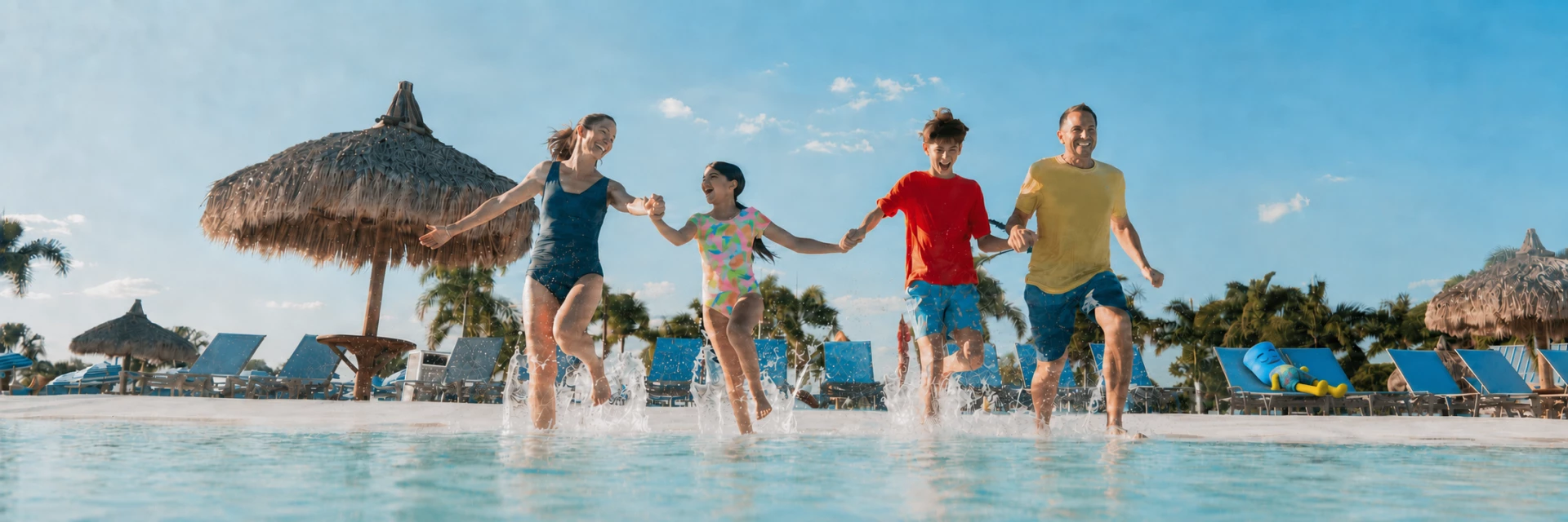 a group of people running in a pool