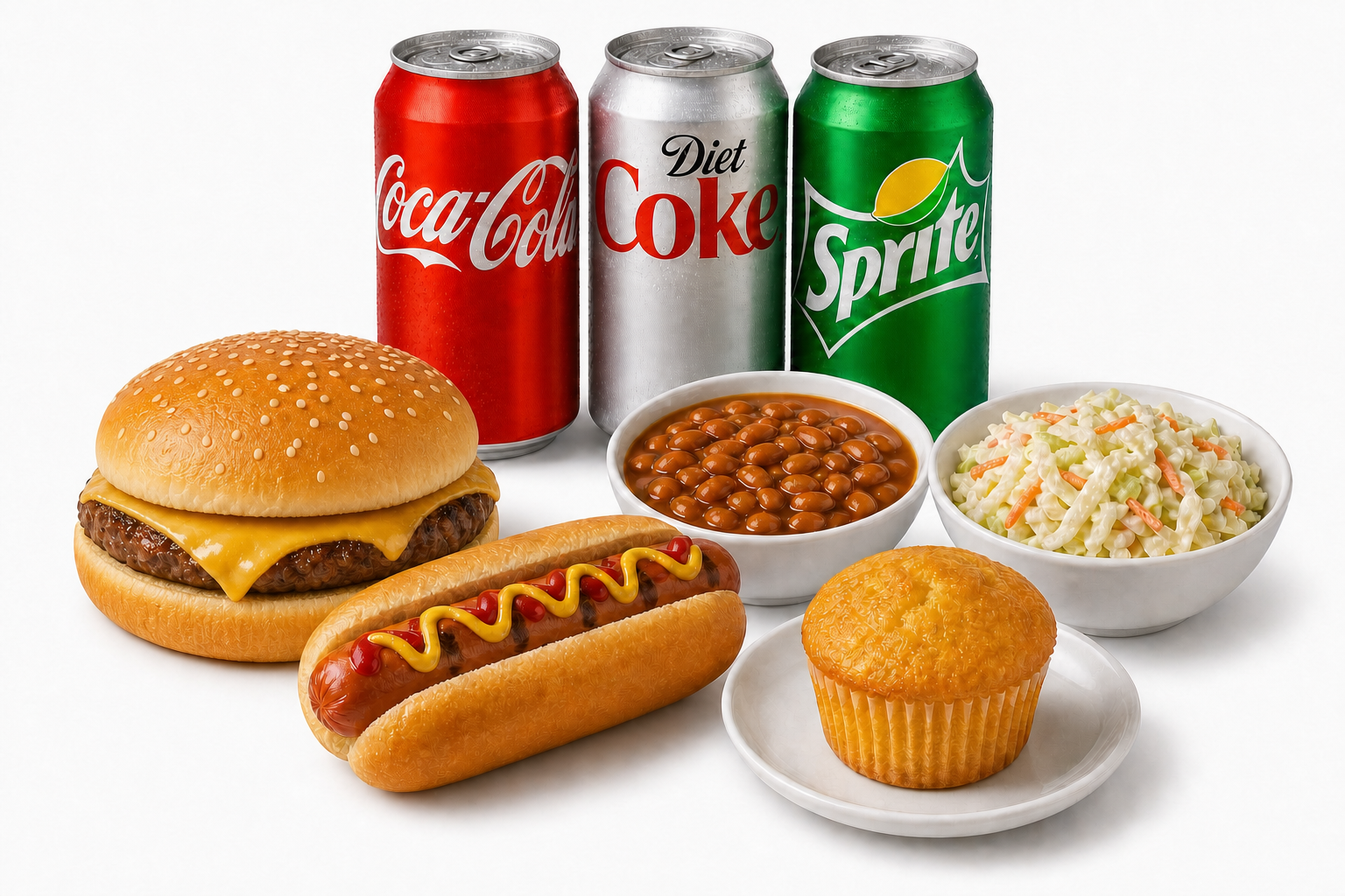 a group of soda cans and food