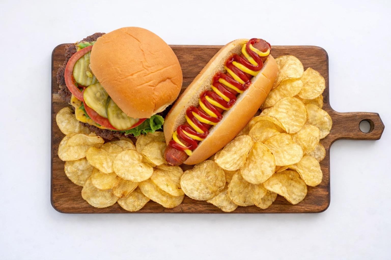 a hot dog and potato chips on a wooden board