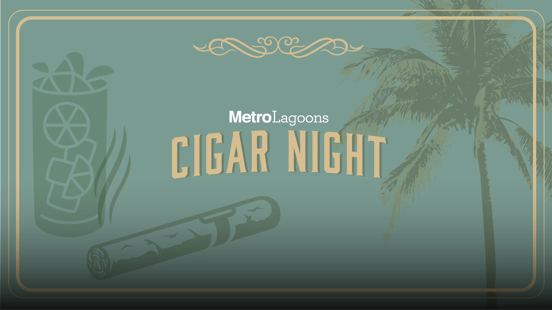 a cigar and palm trees on a green background