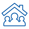 a blue outline of a house with people under it