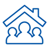 a blue outline of a house with people under it