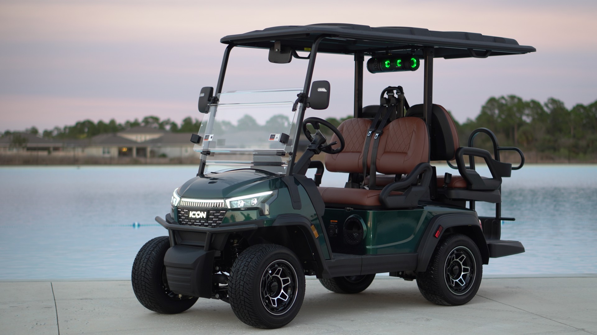 a golf cart parked on a road
