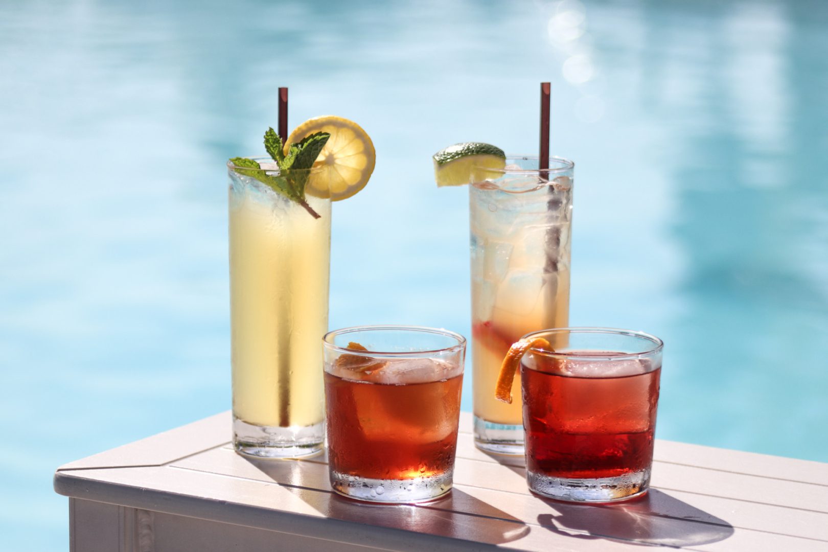 a group of drinks on a table