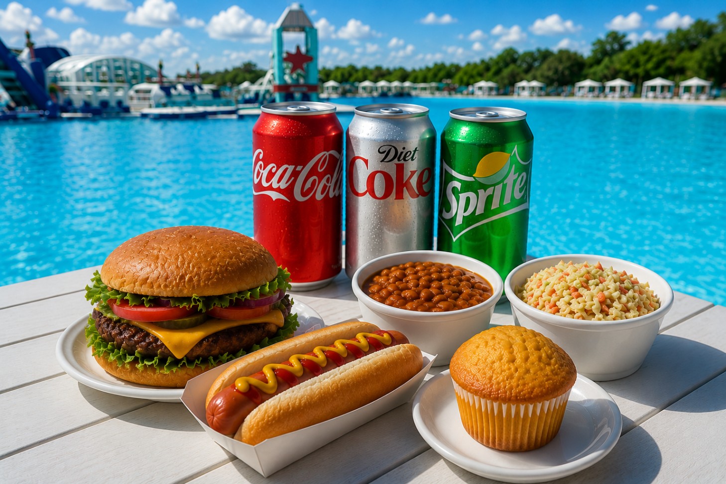 a food on a table by a pool