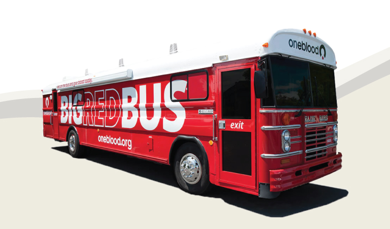 a red bus with white text