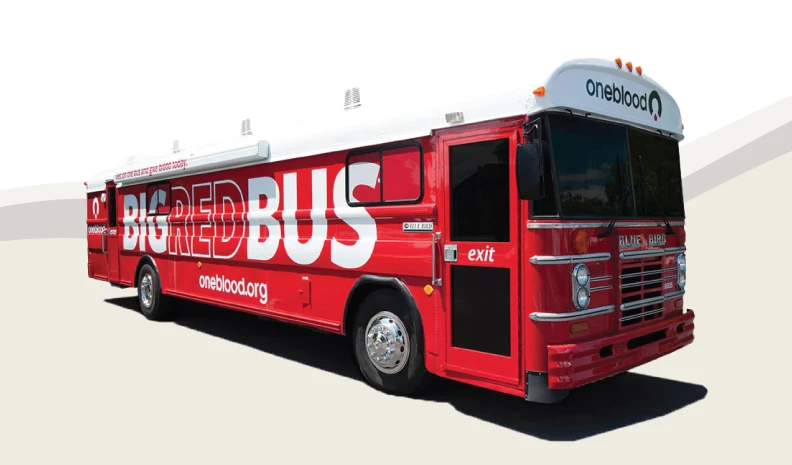 a red bus with white text