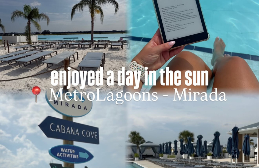 a collage of a beach and a person holding a tablet