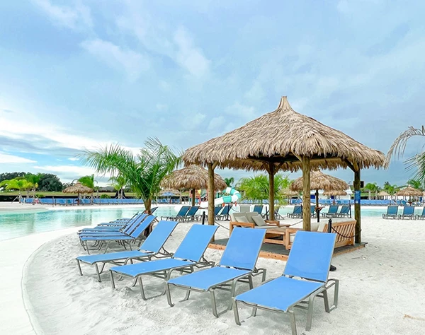 a group of lounge chairs and umbrellas on a beach