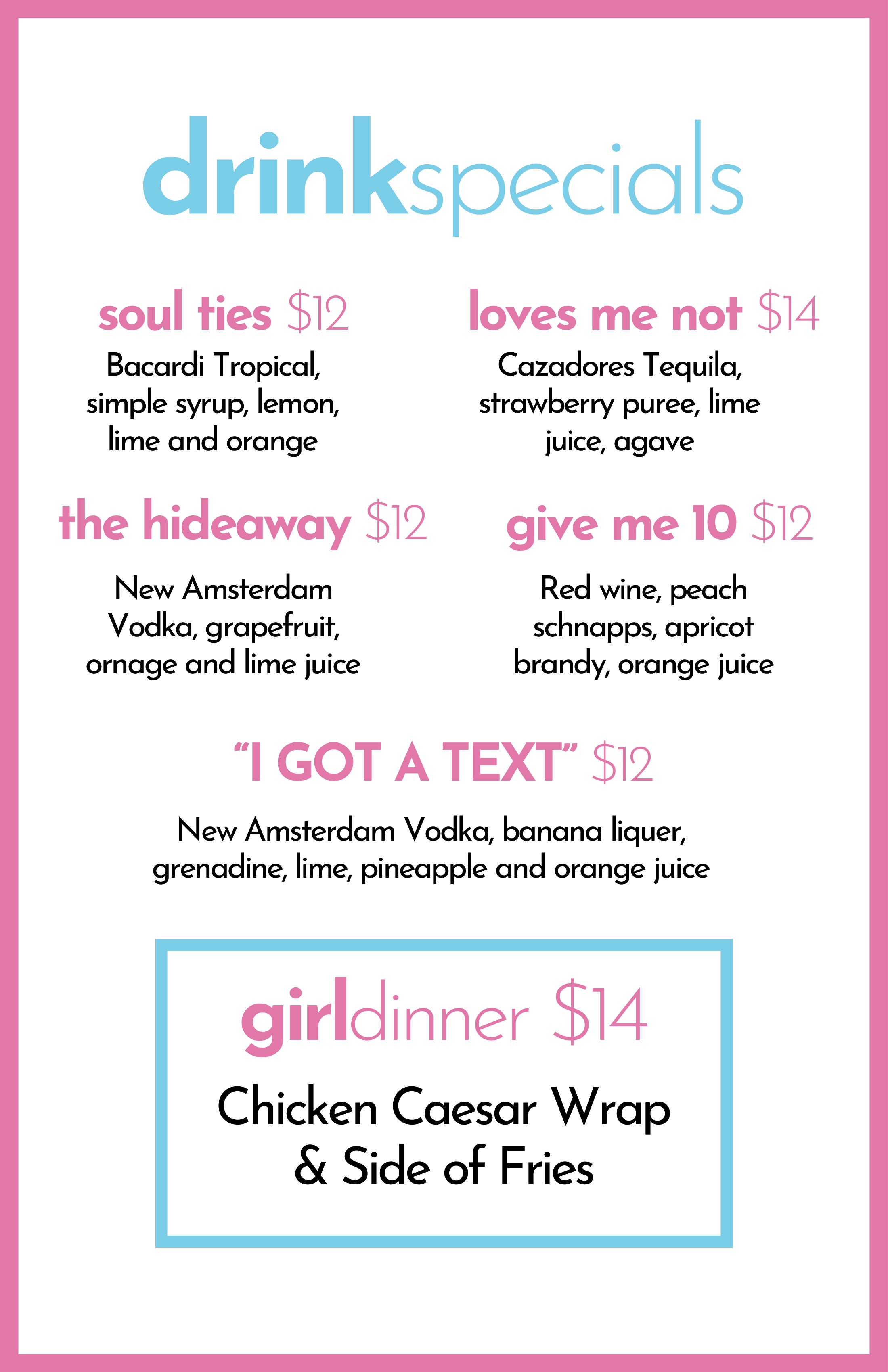 a menu with pink and white text