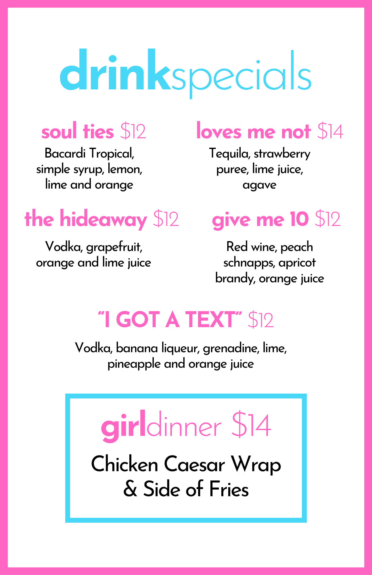 a menu with pink and blue text