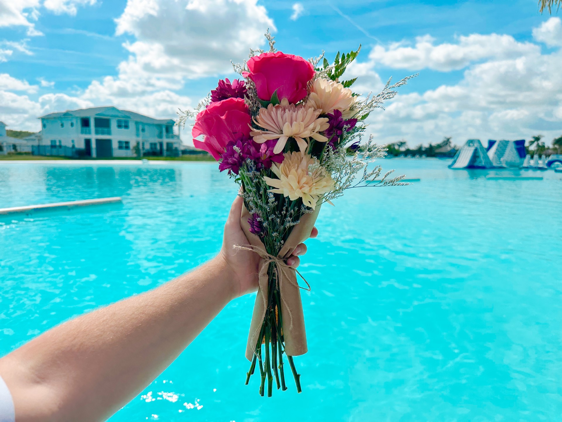 a hand holding a bouquet of flowers