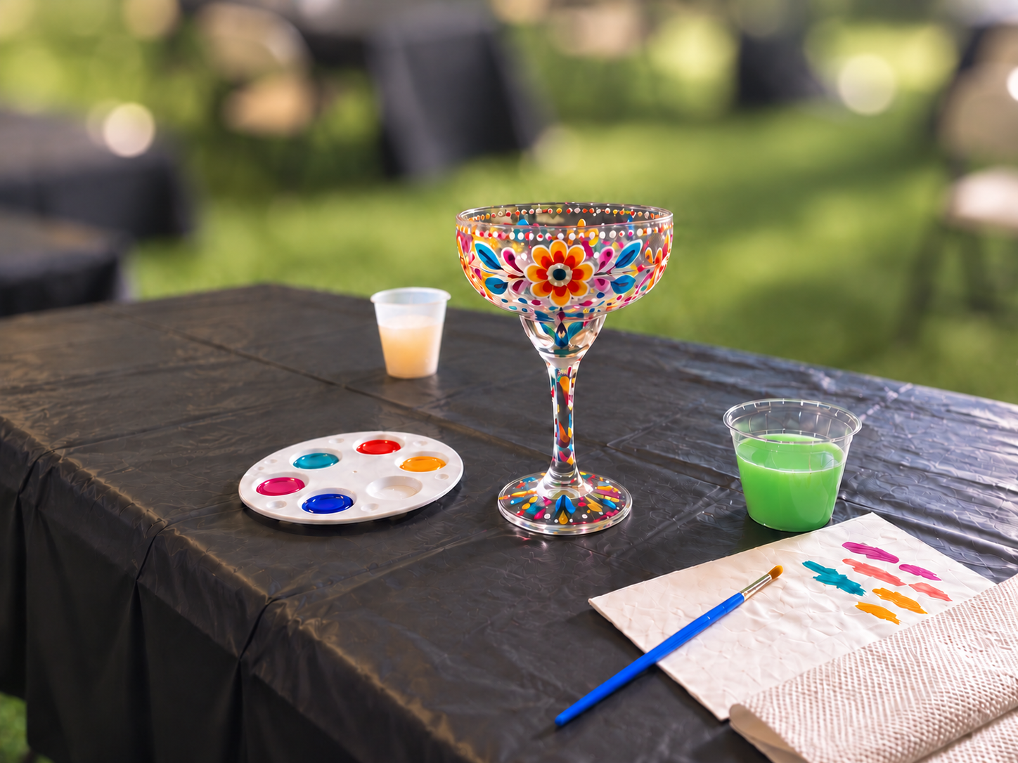 a glass with a flower design on it next to a paint palette and paints