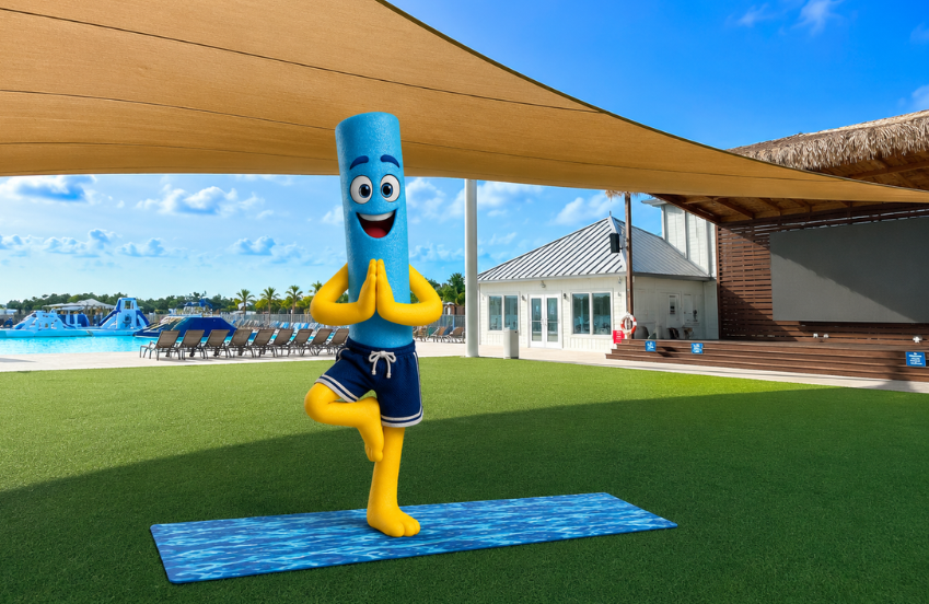 a cartoon character standing on a yoga mat