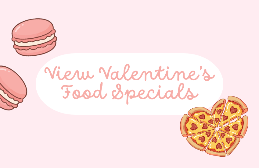a pink background with a couple of pizzas and macaroons