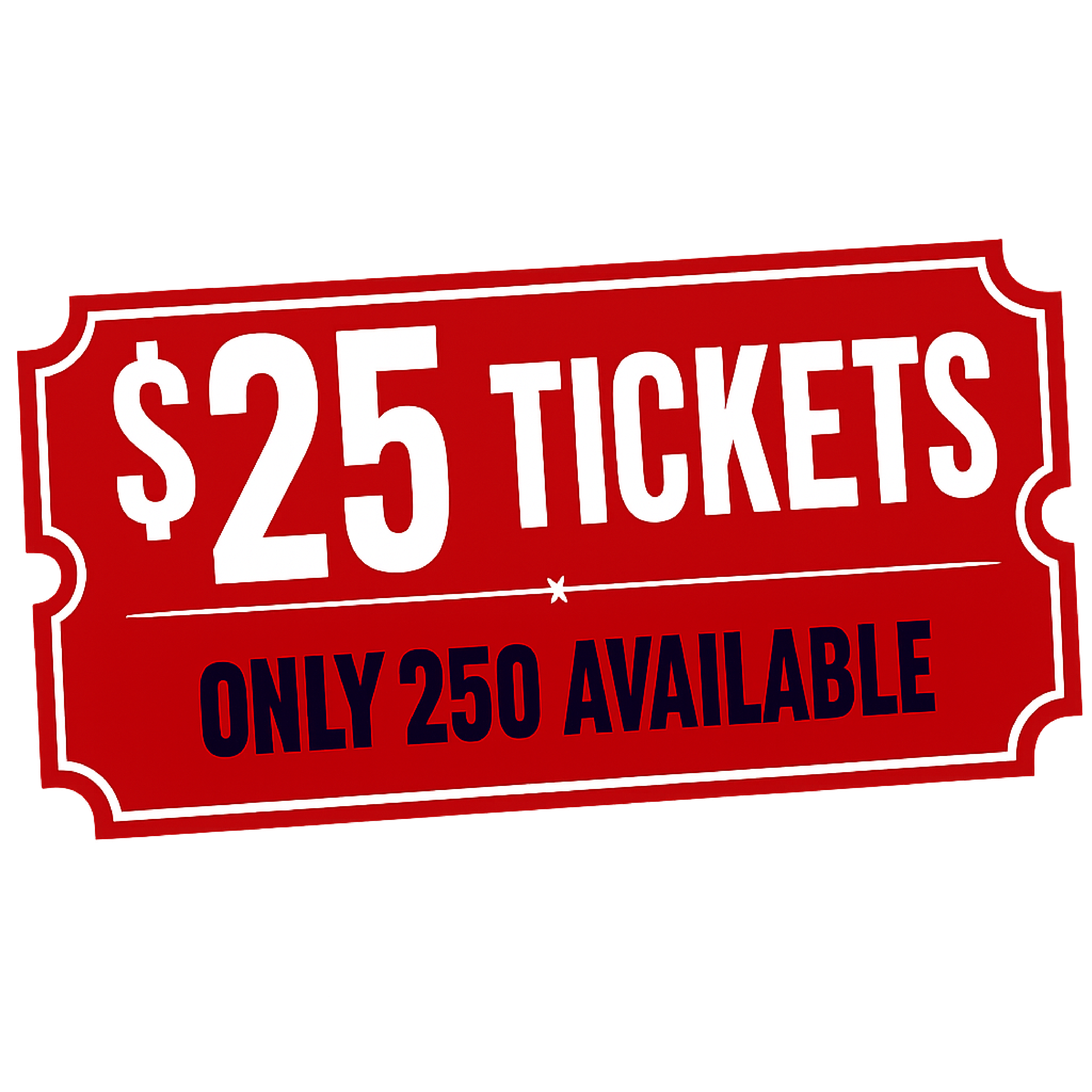 a red ticket with white text