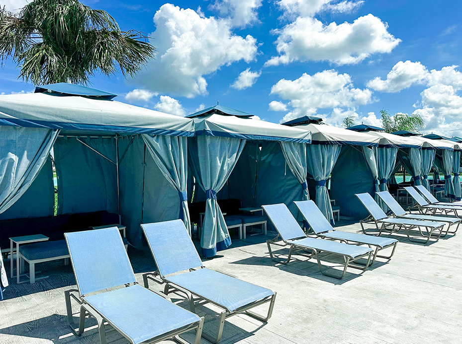 a group of chairs and umbrellas