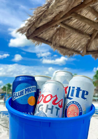 a bucket of beer and cans under a straw umbrella